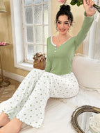 Ribbed Henley Pajama Set with Crown Print - View 27 | WEUXS