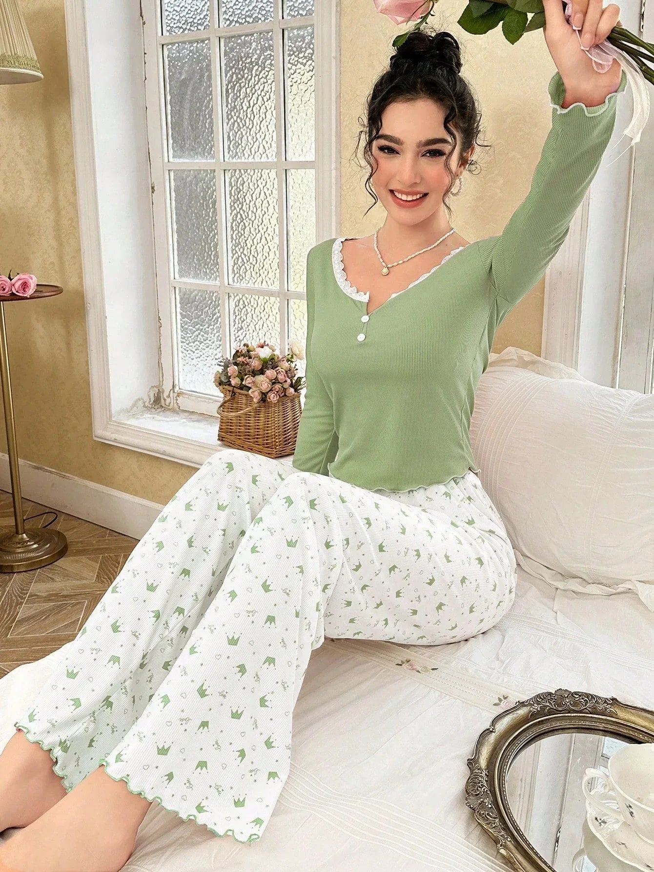 Ribbed Henley Pajama Set with Crown Print - View 27 | WEUXS
