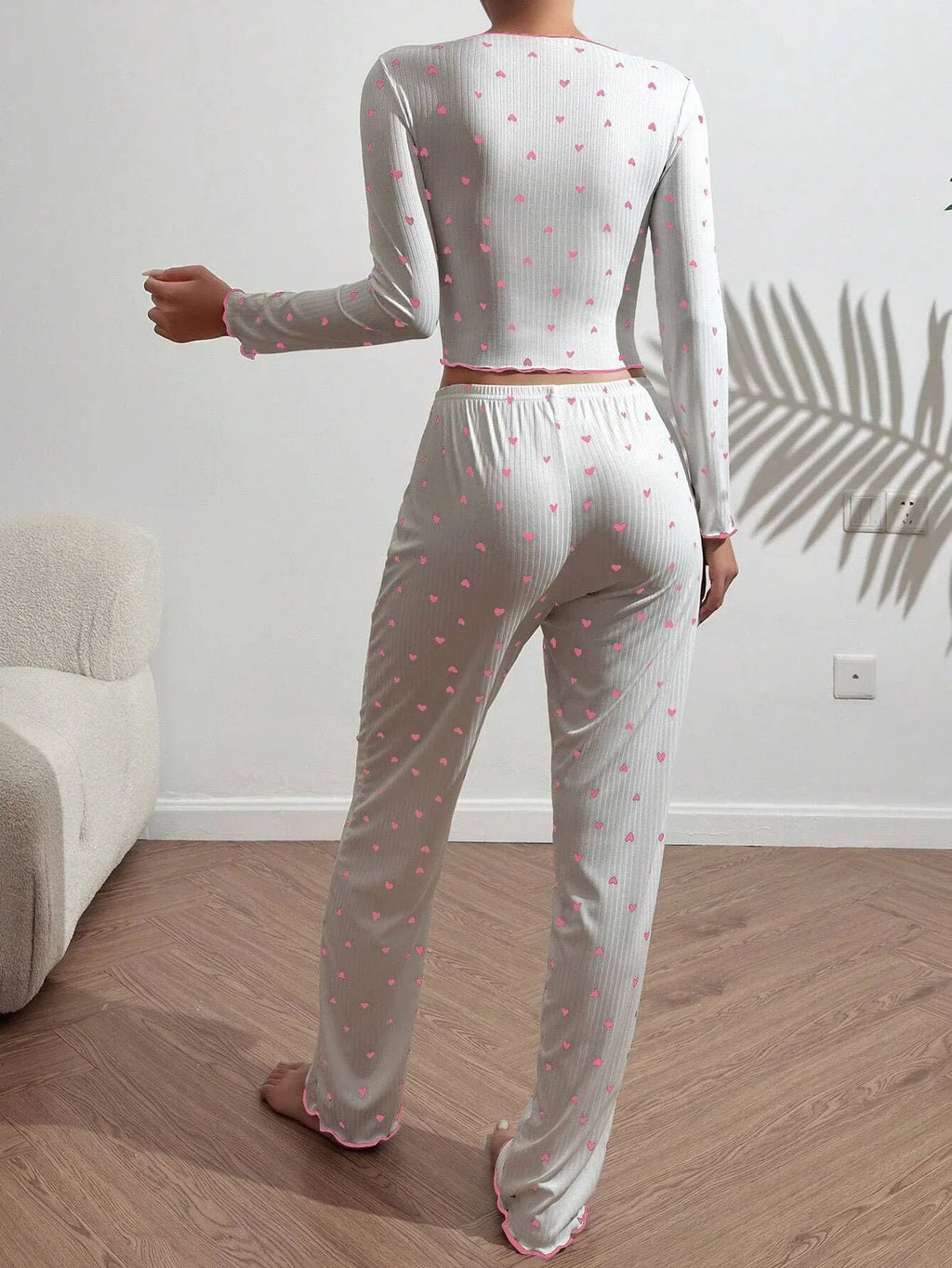 Ribbed Heart Print Pajama Set - View 8 | WEUXS