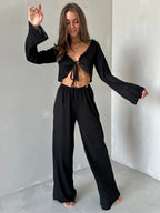 Women's knit lounge set with tie-front top and wide-leg pants - View 6 | WEUXS