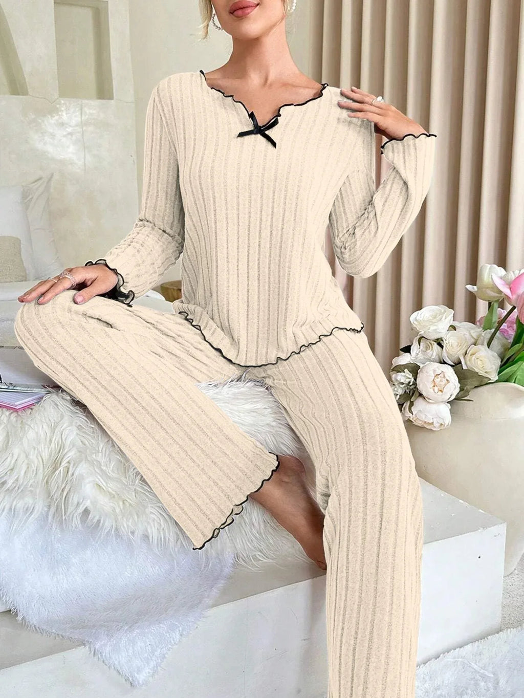 Ribbed Pajama Set with Contrast Trim and Bow - View 29 | WEUXS