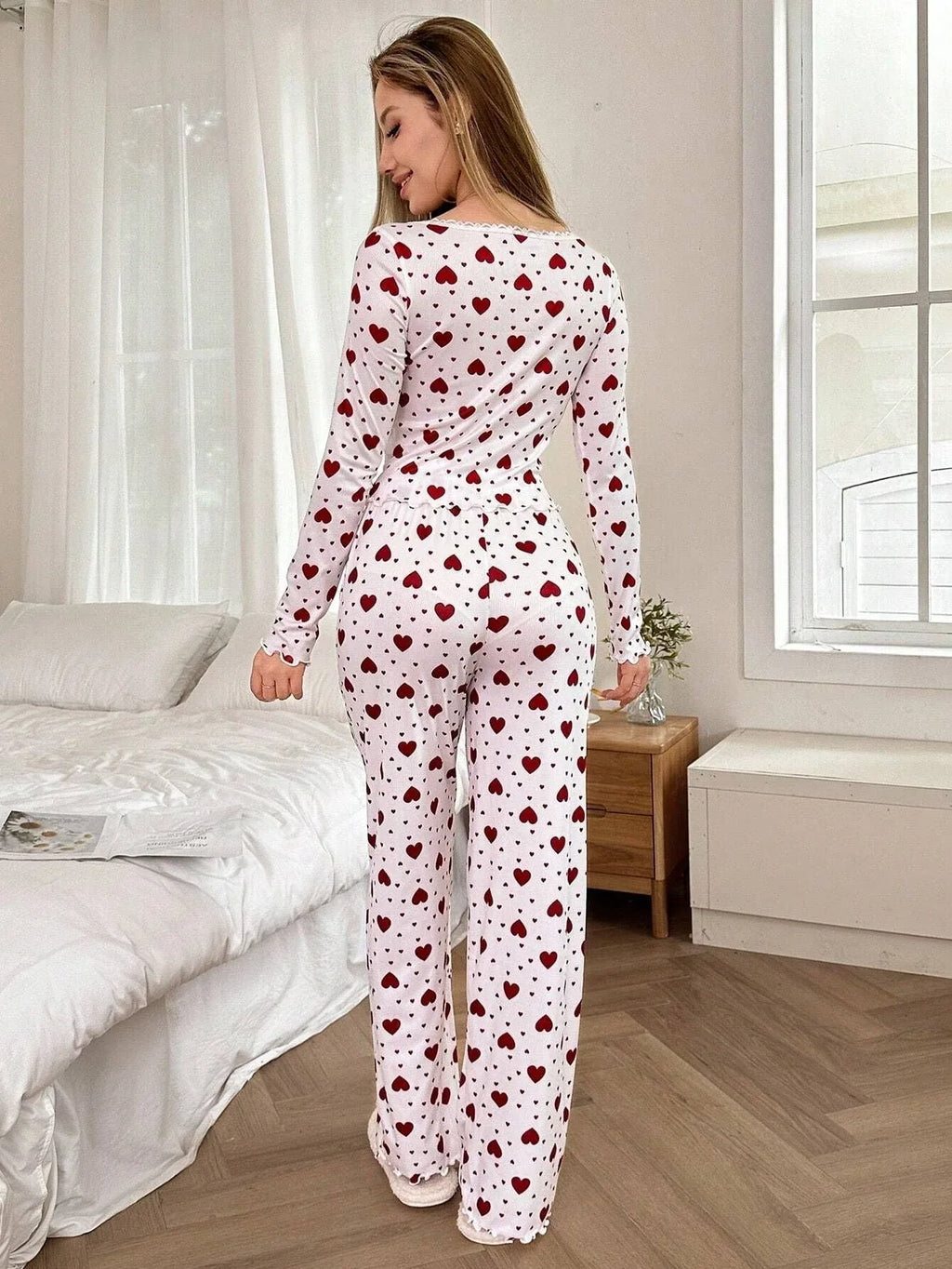 Ribbed Heart Print Pajama Set - View 17 | WEUXS