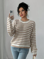Coastal Breeze Striped Knit Sweater with lantern sleeves and crew neck - View 10 | WEUXS
