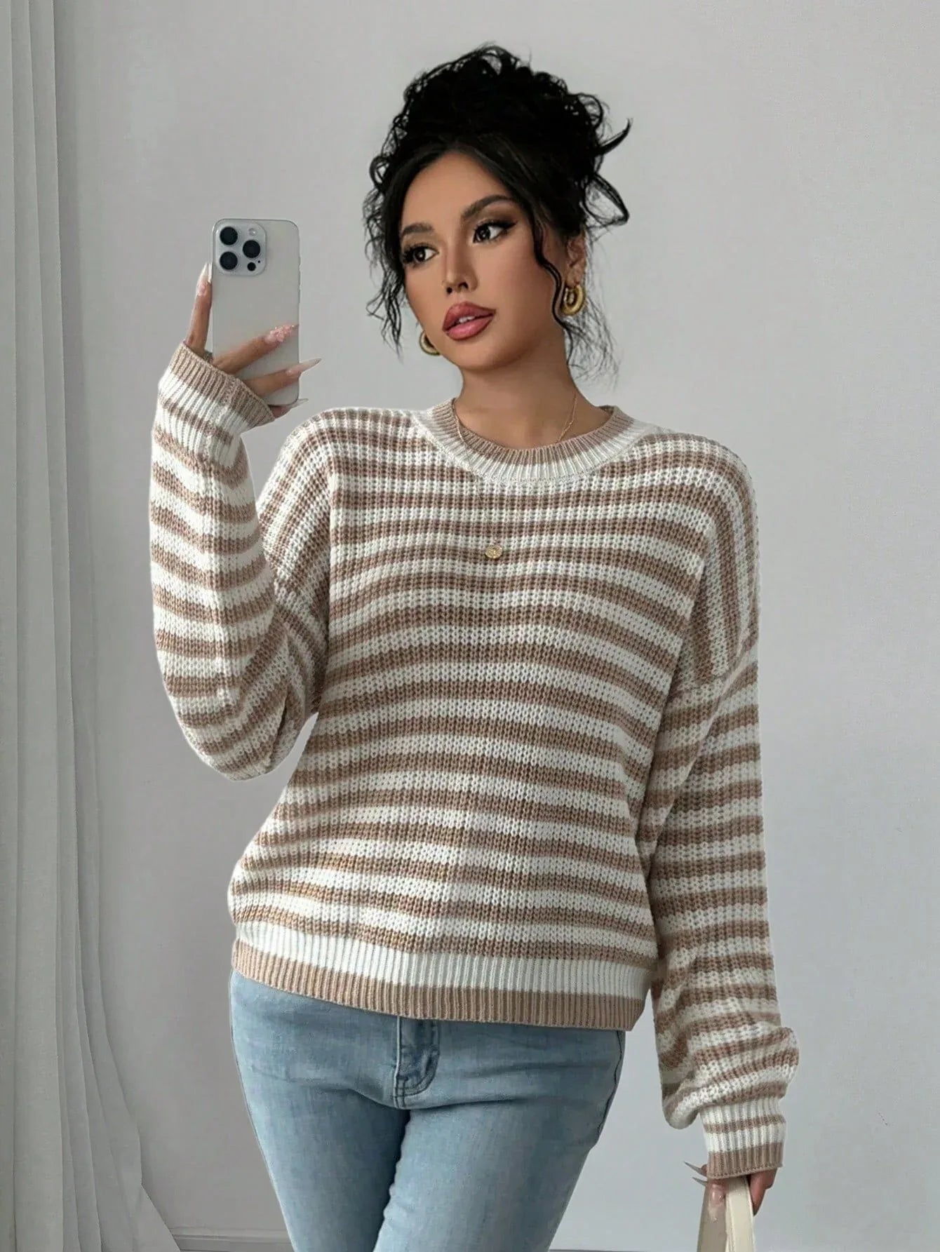 Coastal Breeze Striped Knit Sweater with lantern sleeves and crew neck - View 10 | WEUXS