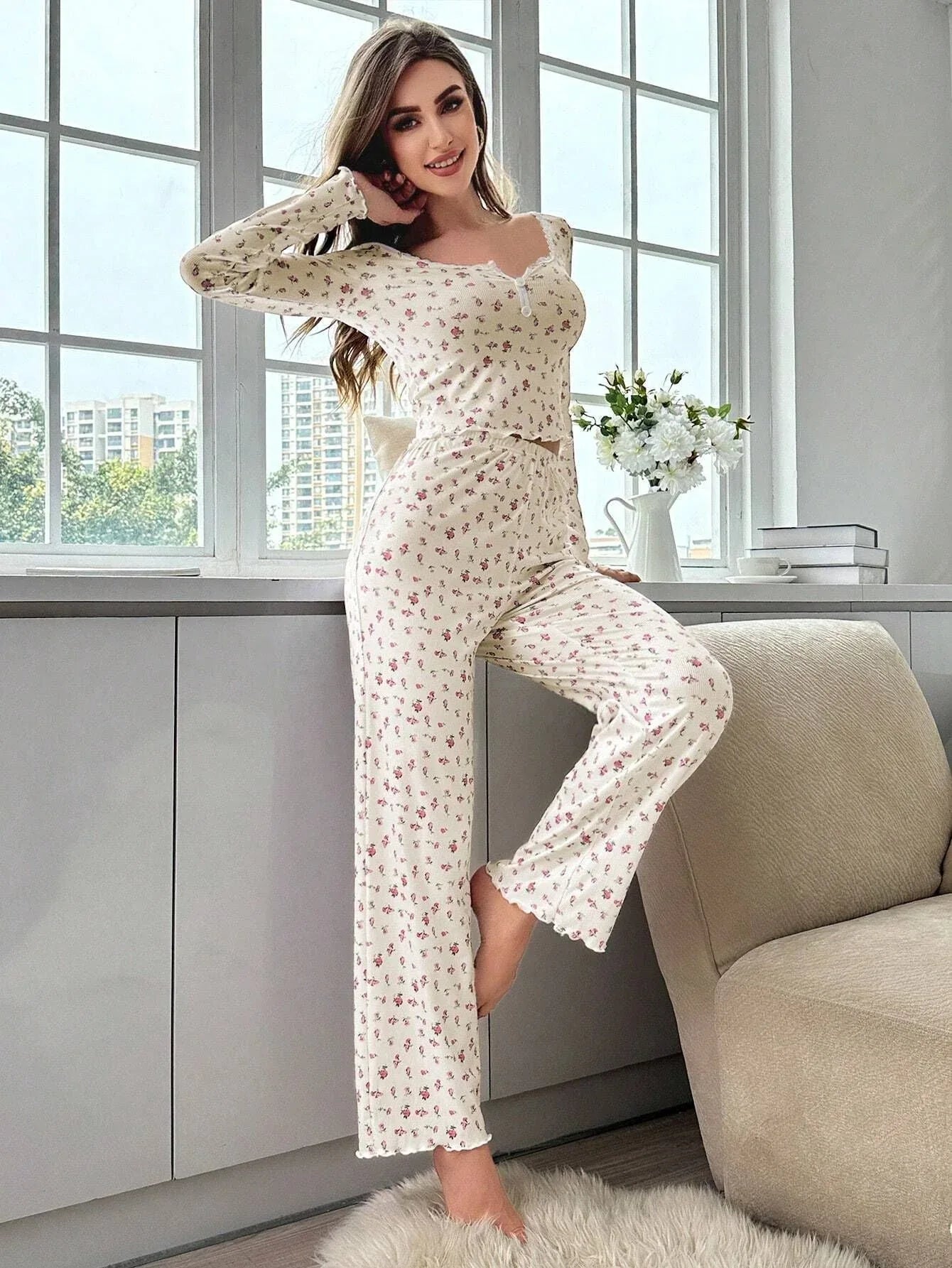 Woman in floral print ribbed knit pajama set