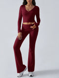 V-Neck Knit Crop Top and Flare Pants Set - View 7 | WEUXS