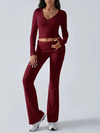 V-Neck Knit Crop Top and Flare Pants Set - View 7 | WEUXS