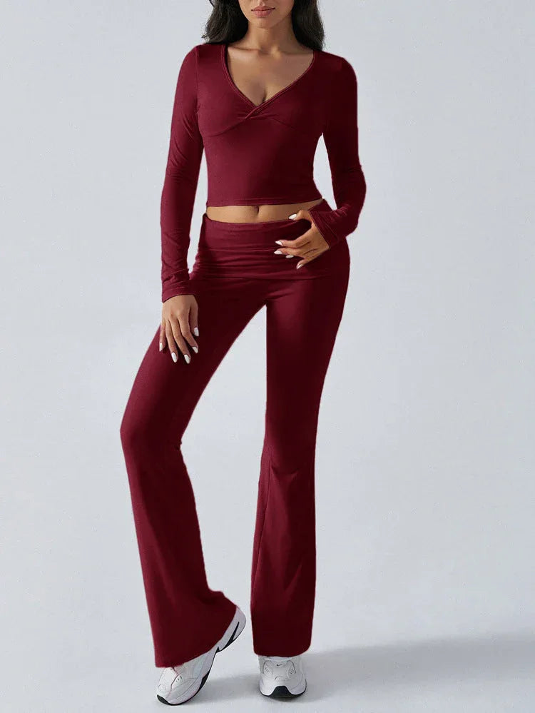 V-Neck Knit Crop Top and Flare Pants Set - View 7 | WEUXS