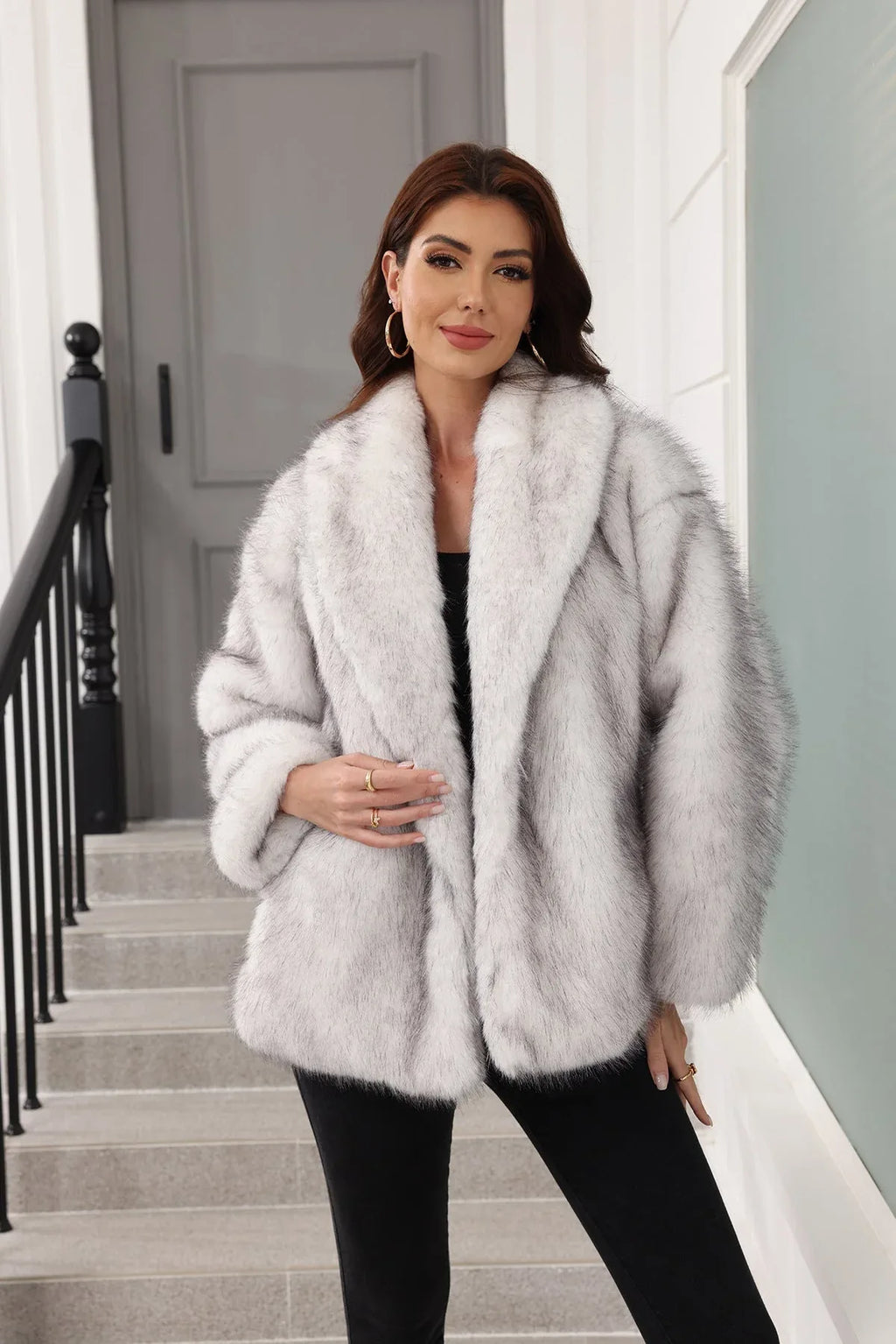 Grey Faux Fur Belted Coat - View 9 | WEUXS