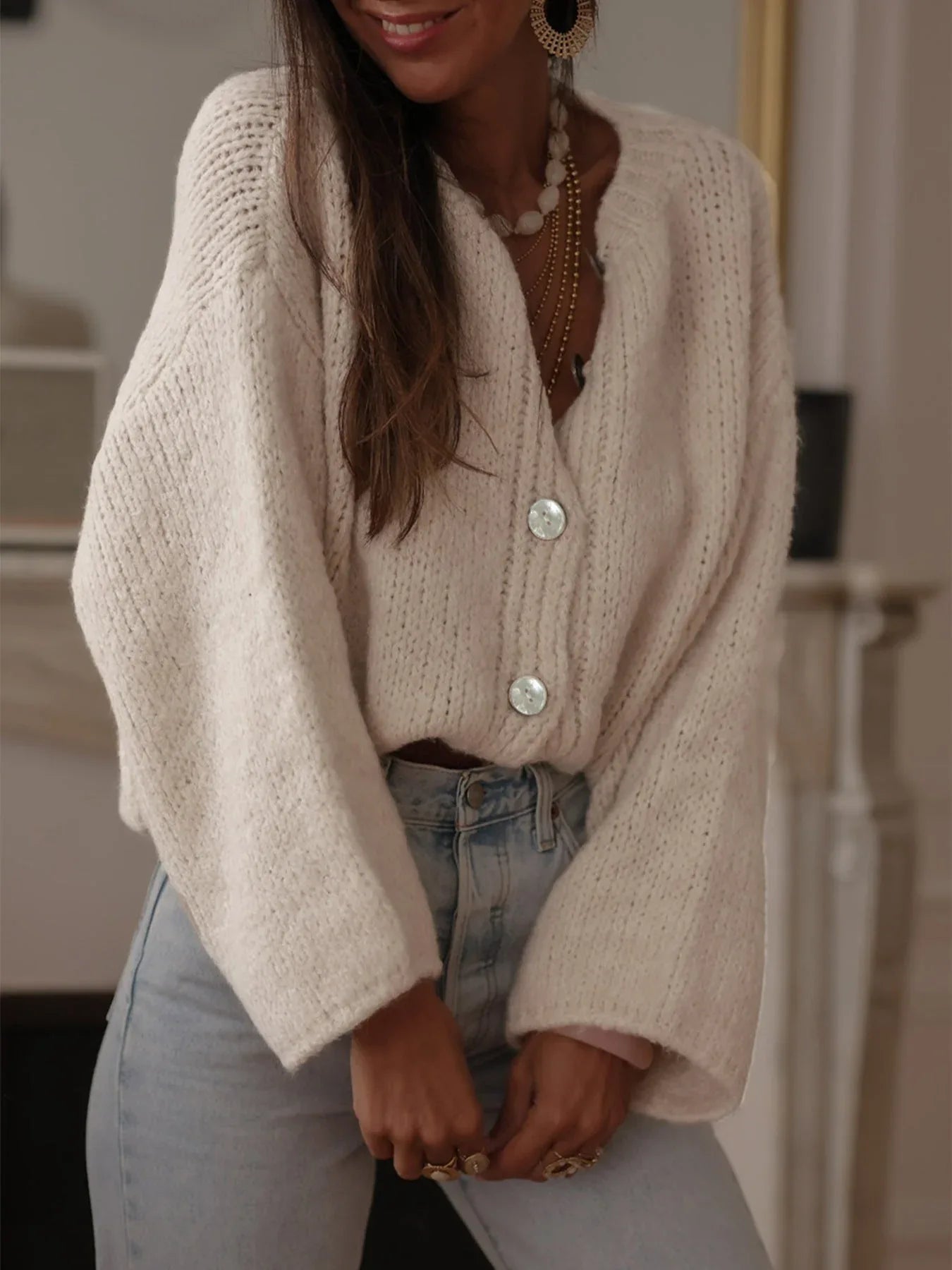 French Chic Pearl Button Cardigan in Oatmeal - View 7 | WEUXS