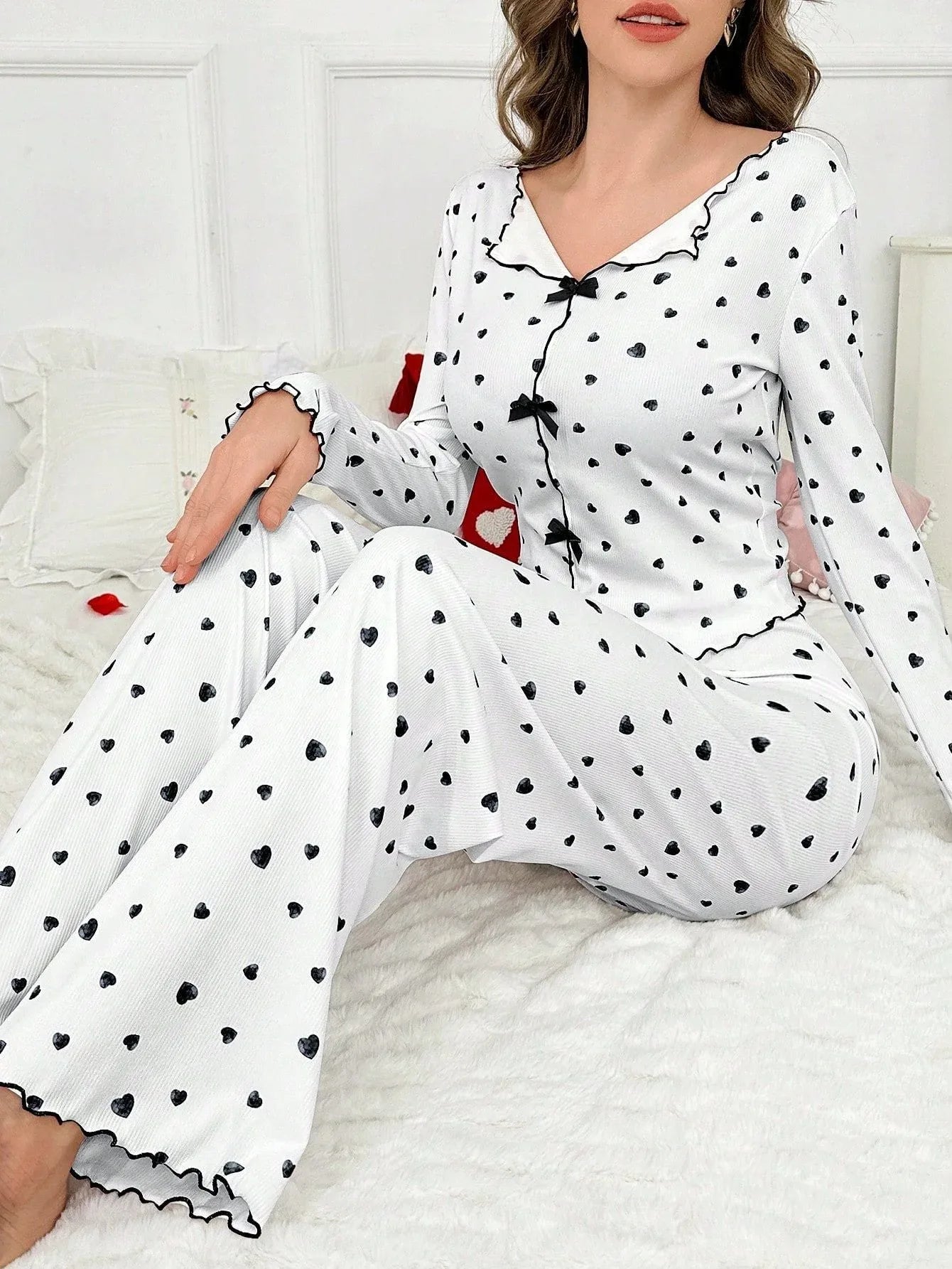 Ribbed pajama set with heart print and decorative bows - View 9 | WEUXS