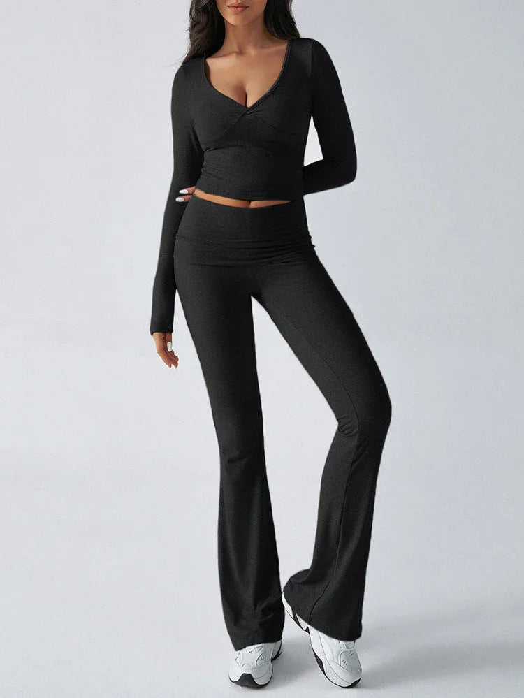 V-Neck Crop Top and Fold-Over Flare Pants Set - View 38 | WEUXS