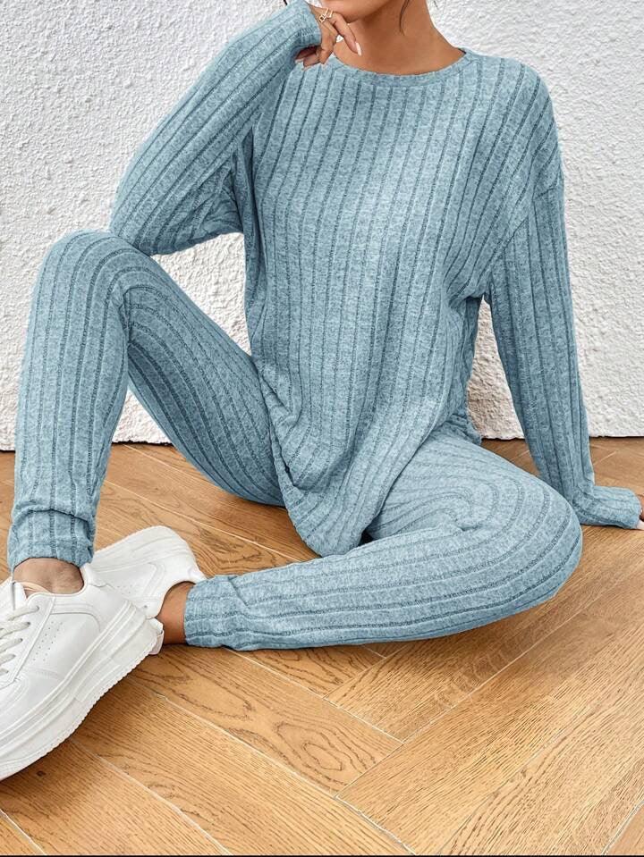 Rich Chocolate Ribbed Knit Two-Piece Lounge Set - WEUXS