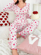 Ribbed Heart Print Pajama Set - View 6 | WEUXS