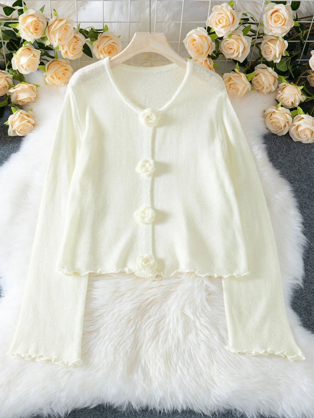 3D floral button knit cardigan - View 6 | WEUXS