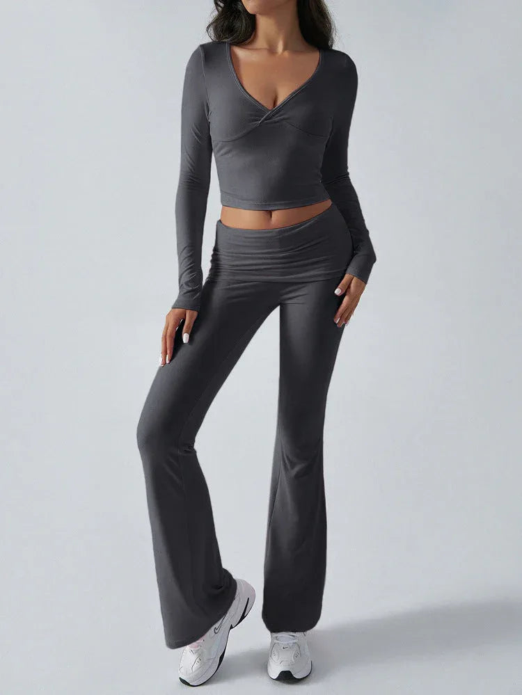 V-Neck Crop Top and Fold-Over Flare Pants Set - View 29 | WEUXS