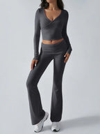 V-Neck Crop Top and Fold-Over Flare Pants Set - View 29 | WEUXS