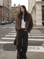Plush faux fur cropped jacket with oversized lapels - View 6 | WEUXS