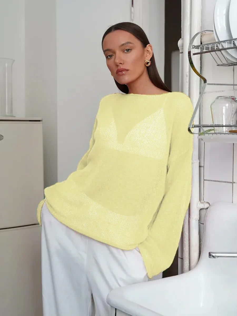 Oversized knit pullover sweater with boat neckline - View 20 | WEUXS