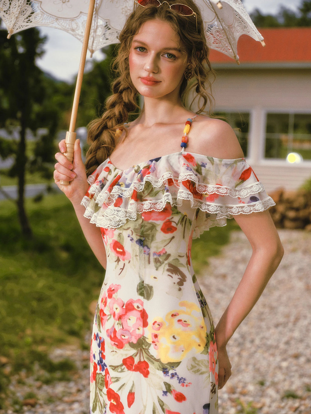 French Style Floral Print Midi Dress