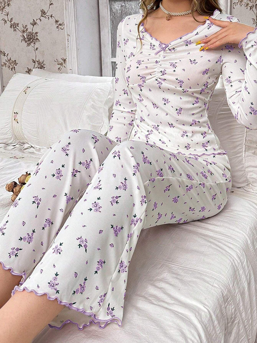 Ribbed knit pajama set with floral print - View 42 | WEUXS