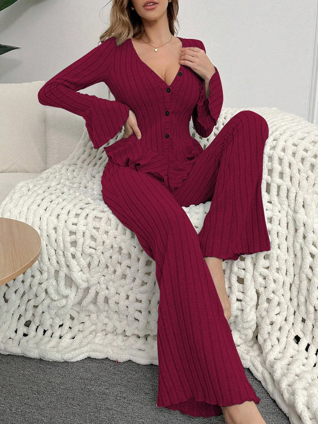 Ribbed Peplum Knit Lounge Set - View 11 | WEUXS