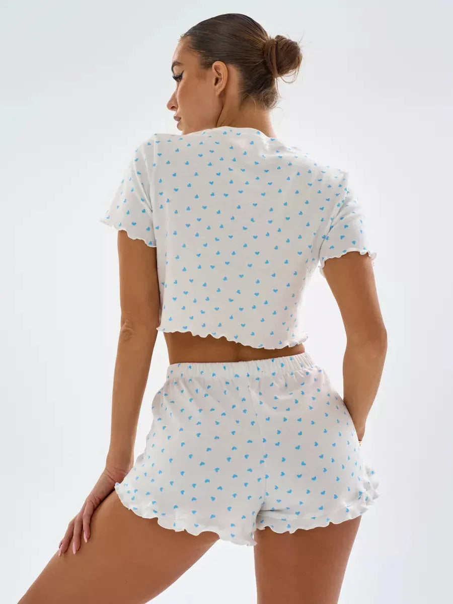 Ditsy Heart Print Ribbed Tee & Shorts Set - View 24 | WEUXS