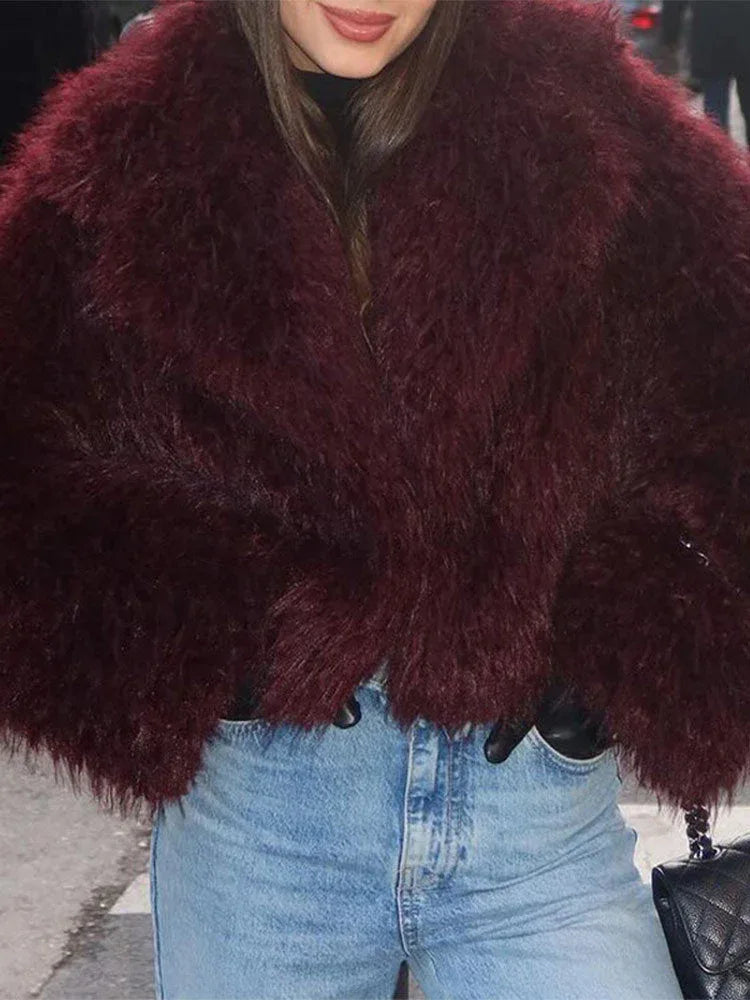 Vamp Burgundy Shaggy Faux Fur Cropped Jacket - WEUXS