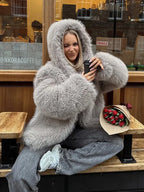 Grey faux fur hooded cropped coat - View 13 | WEUXS