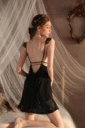 Black Ruffled Satin Slip Dress & Robe Set - WEUXS