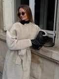 Majestic Cream Belted Faux Fur Long Coat - View 6 | WEUXS