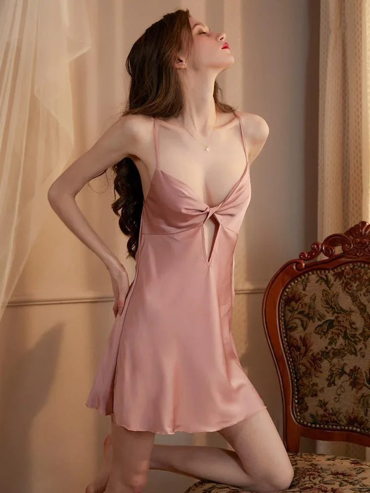 Cutout Twist-Front Satin Slip Dress & Robe Set - WEUXS