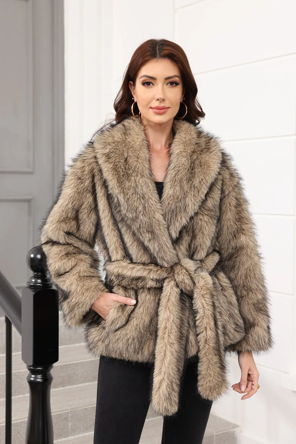 Grey Faux Fur Belted Coat - View 13 | WEUXS