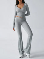 V-Neck Crop Top and Fold-Over Flare Pants Set - View 32 | WEUXS
