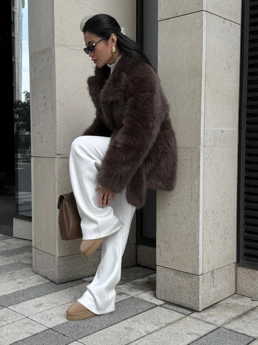 Mid-length faux fur coat with belted waist and lapel collar - View 7 | WEUXS