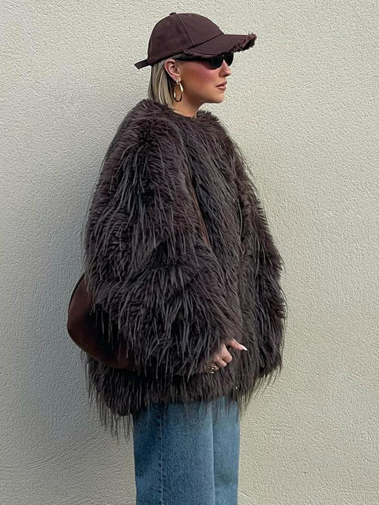 Luxe Espresso Shaggy Faux Fur Round Neck Jacket - WEUXS