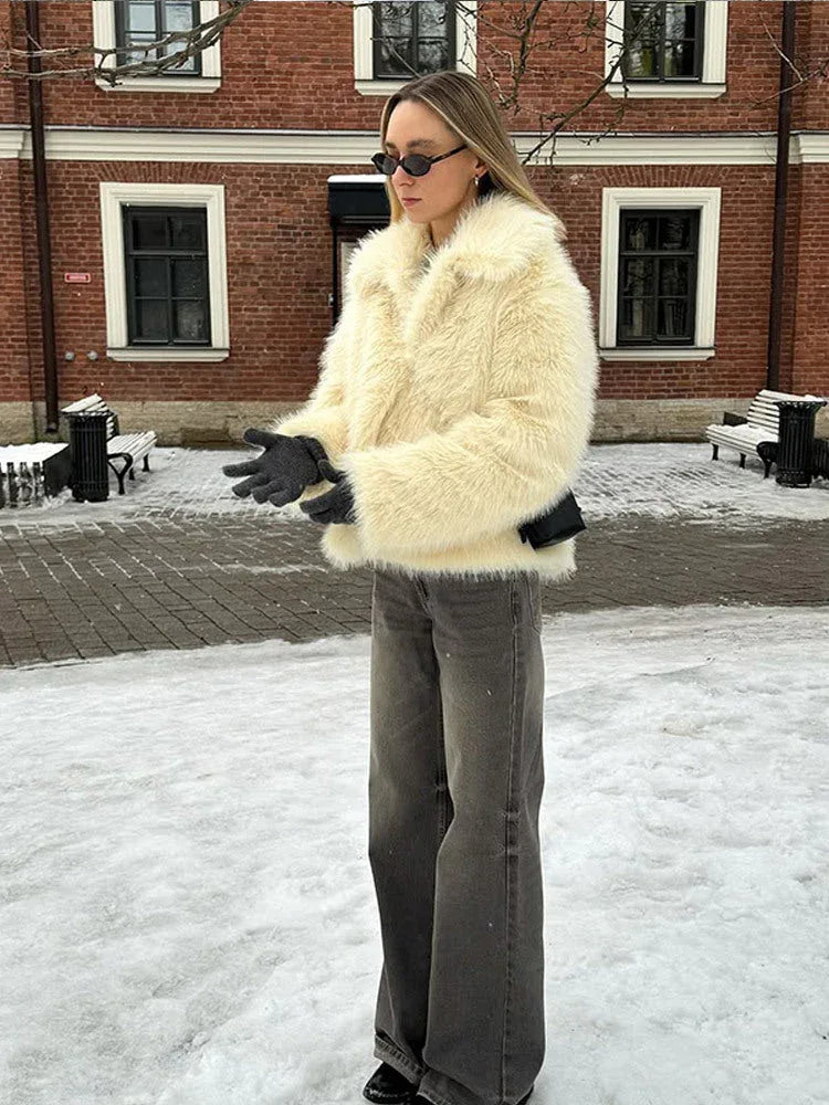 Light yellow cropped faux fur jacket with wide notch lapel - View 9 | WEUXS