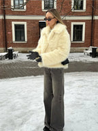 Light yellow cropped faux fur jacket with wide notch lapel - View 9 | WEUXS