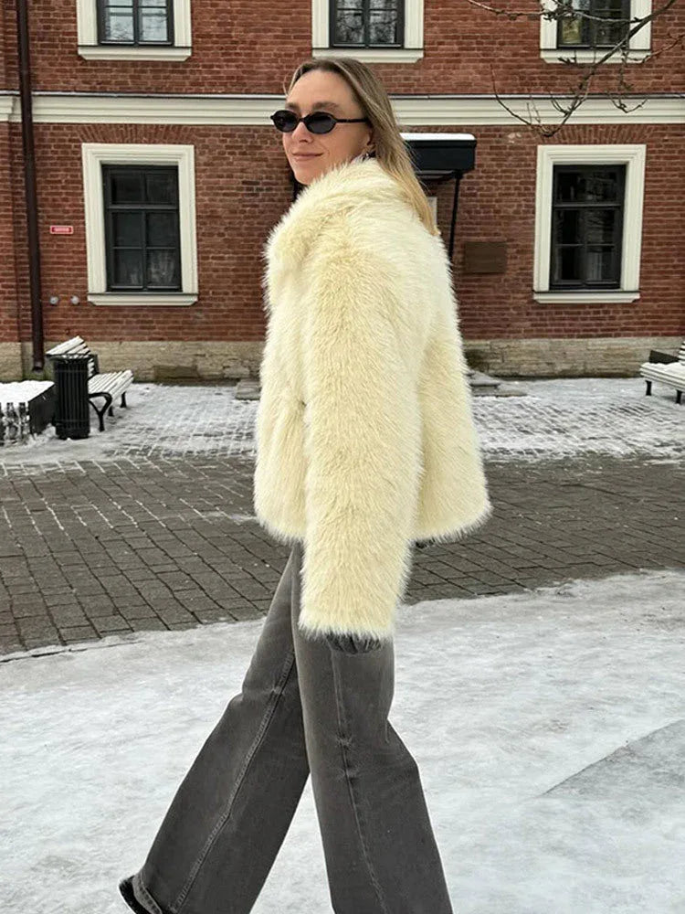 Cream Plush Faux Fur Cropped Jacket - WEUXS