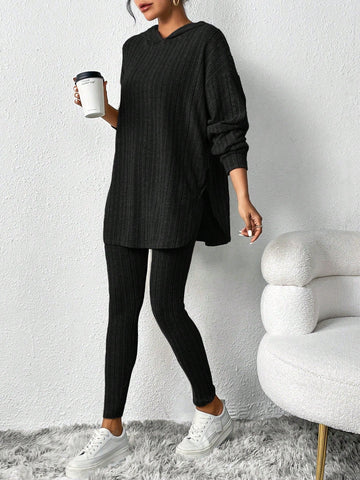 Midnight Black Ribbed Knit Hoodie & Leggings Set