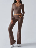 V-Neck Crop Top and Fold-Over Flare Pants Set - View 13 | WEUXS