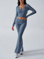 V-Neck Knit Crop Top and Flare Pants Set - View 20 | WEUXS