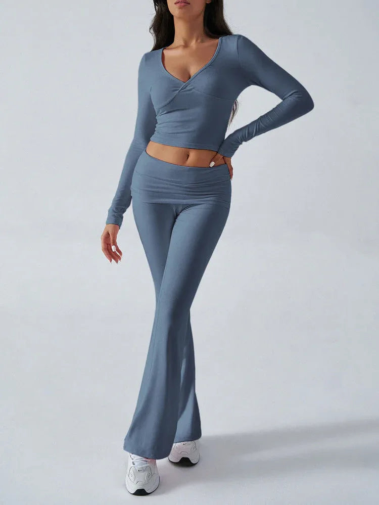 V-Neck Knit Crop Top and Flare Pants Set - View 20 | WEUXS