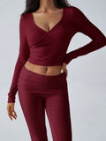 V-Neck Crop Top and Fold-Over Flare Pants Set - View 11 | WEUXS