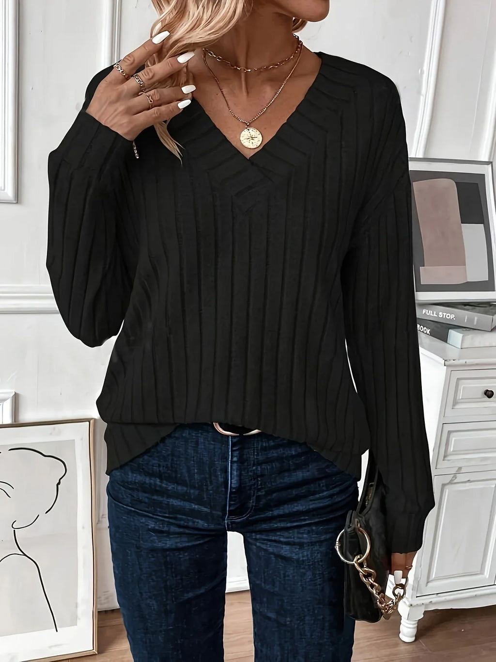 Wide ribbed knit V-neck top - View 6 | WEUXS