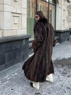 Long espresso faux fur coat with wide lapels - View 7 | WEUXS