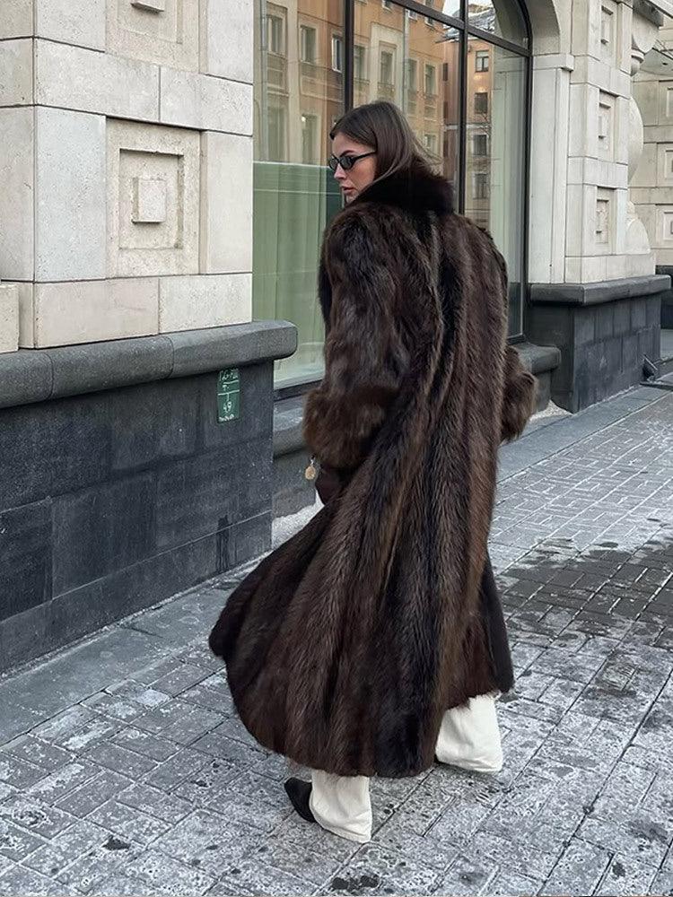 Long espresso faux fur coat with wide lapels - View 7 | WEUXS