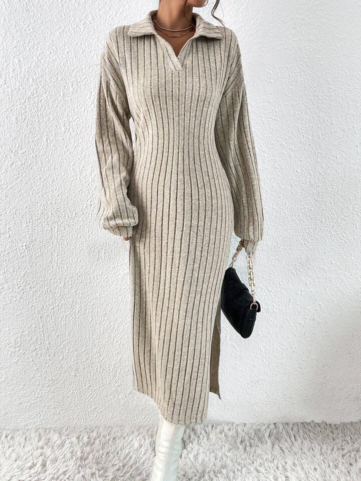 Ribbed Knit Polo Maxi Dress - View 8 | WEUXS