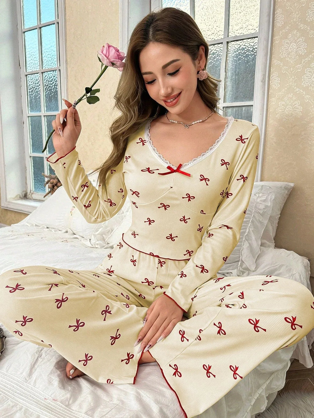 Ribbed Pajama Set with Bow Print - View 16 | WEUXS