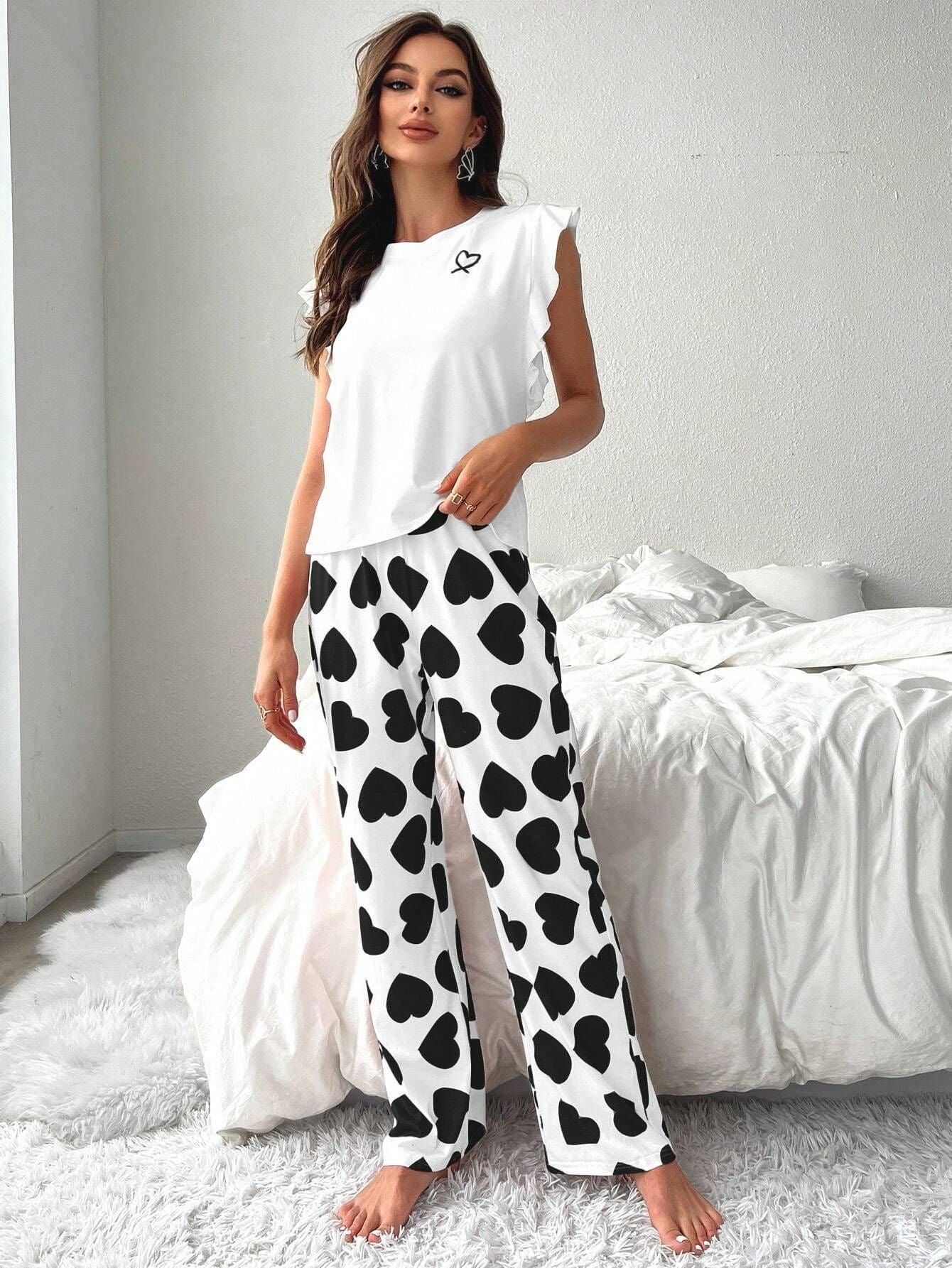 Heart Print Pajama Set with Ruffle Sleeves - View 26 | WEUXS